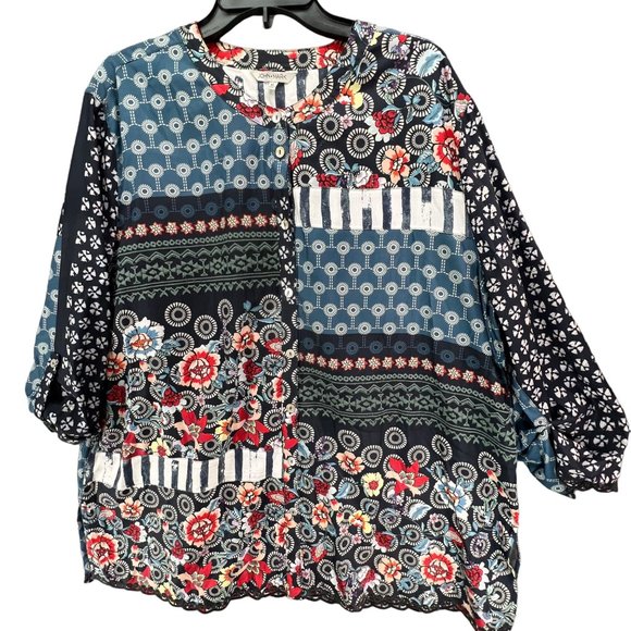John Mark Womens Mixed Print Boxy Blouse Size XL Blue Red Patchwork Button Down - Picture 1 of 13